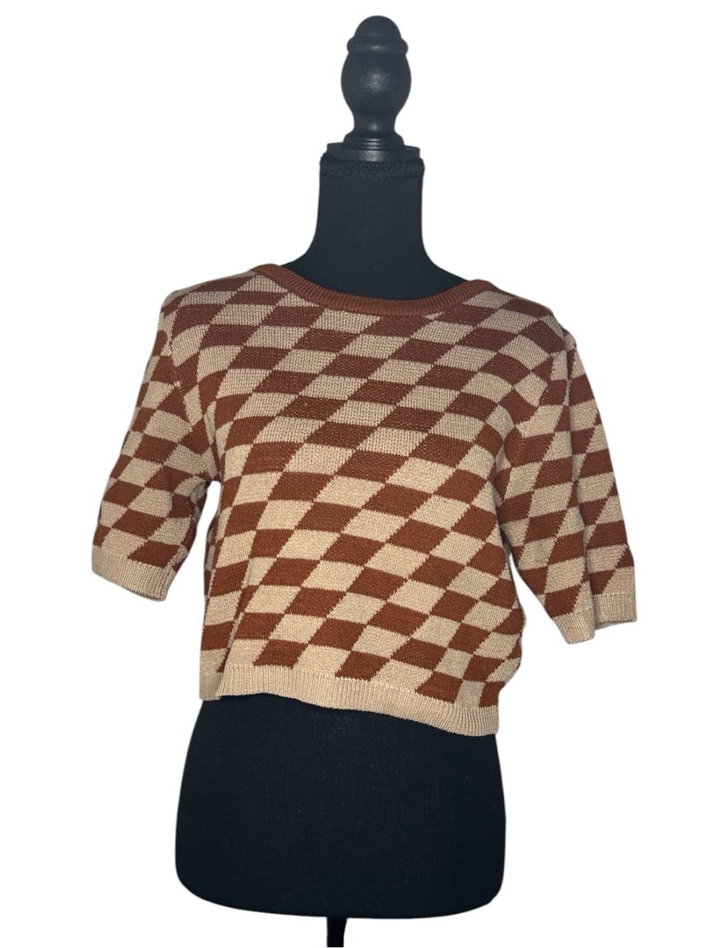 Cropped Crewneck Checker Knit Sweater in Brown and Cream